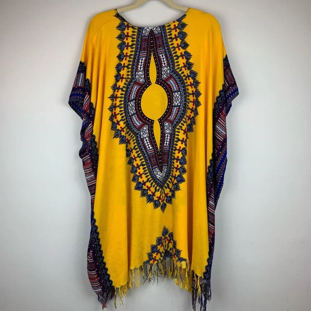 Tribal Inspired Yellow‎ Coverup Dress w/ Fringe OS
